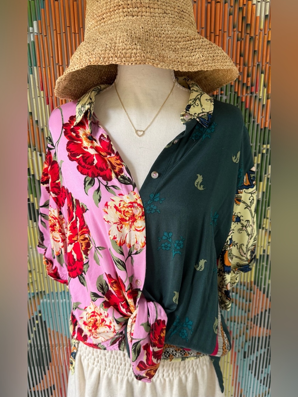 Anthropologie Pink Floral Two-Tone Button Front Blouse
